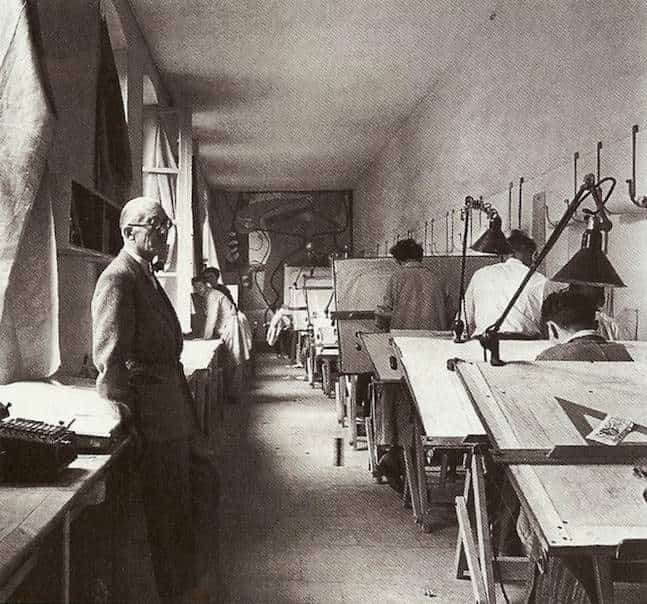 Le Corbusier observes his colleagues at work in his Paris Studio