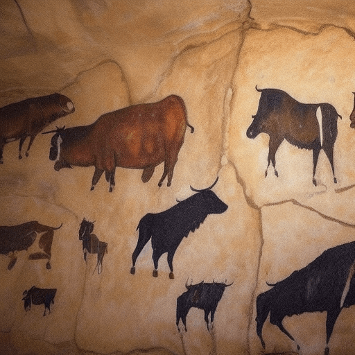 Prompt: Lascaux, cattle, oxen, aurochs, ochre, black