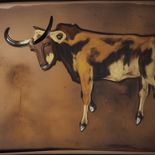 Prompt: Cave_paintings of cattle, oxen, and aurochs; gigantic ochre flanks hanging off a bony black frame.